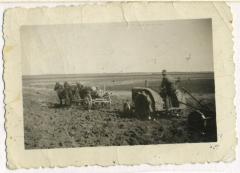 Photograph, Joe Gardner with horses helping his John Deere, 1932