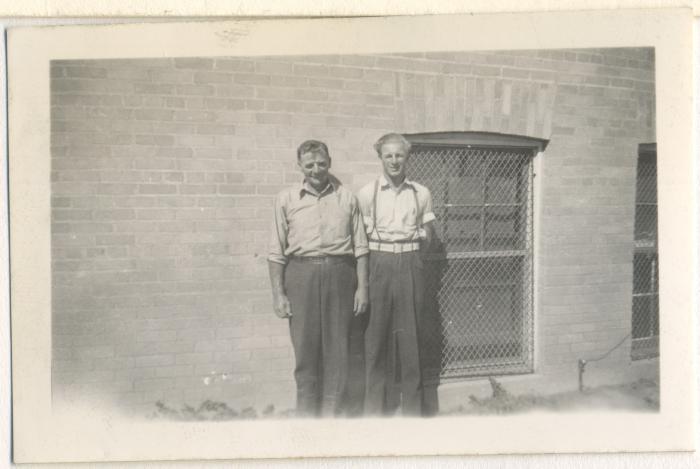 Photograph, Hymie Hanft and Foster __ at Earl Hodgson's farm, 1938