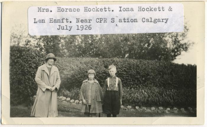 Photograph, Len Hymie Hanft, Mrs. Horace Hockett (Lillian) and daughter Iona, near CPR Station in Calgary, 1926