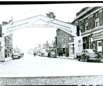 ???;Negative;Victory Bond Arch - Negative;World War II Victory Bond Arch, Swift Current (c.1940s);World War II Victory Bond Arch, Swift Current (c.1940s)