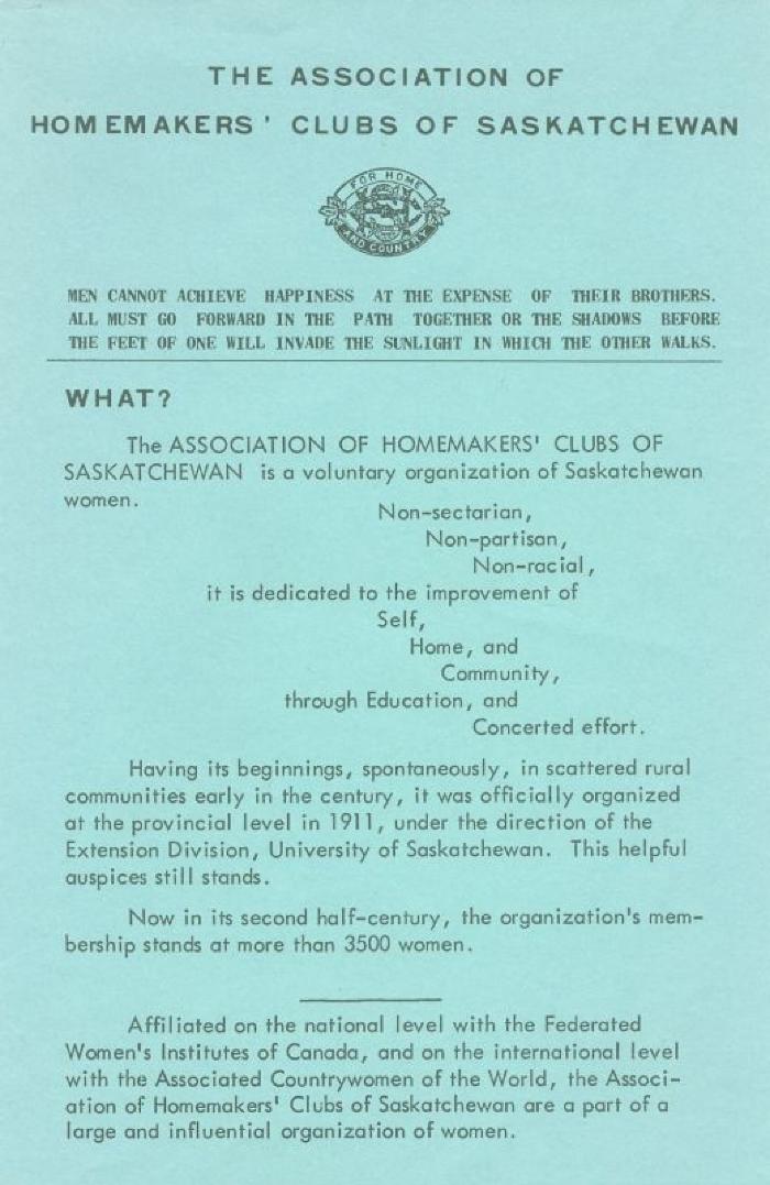 Association Of Homemakers' Clubs Of Saskatchewan Pamphlet (1967-01);Association Of Homemakers' Clubs Of Saskatchewan Pamphlet (1967-01)