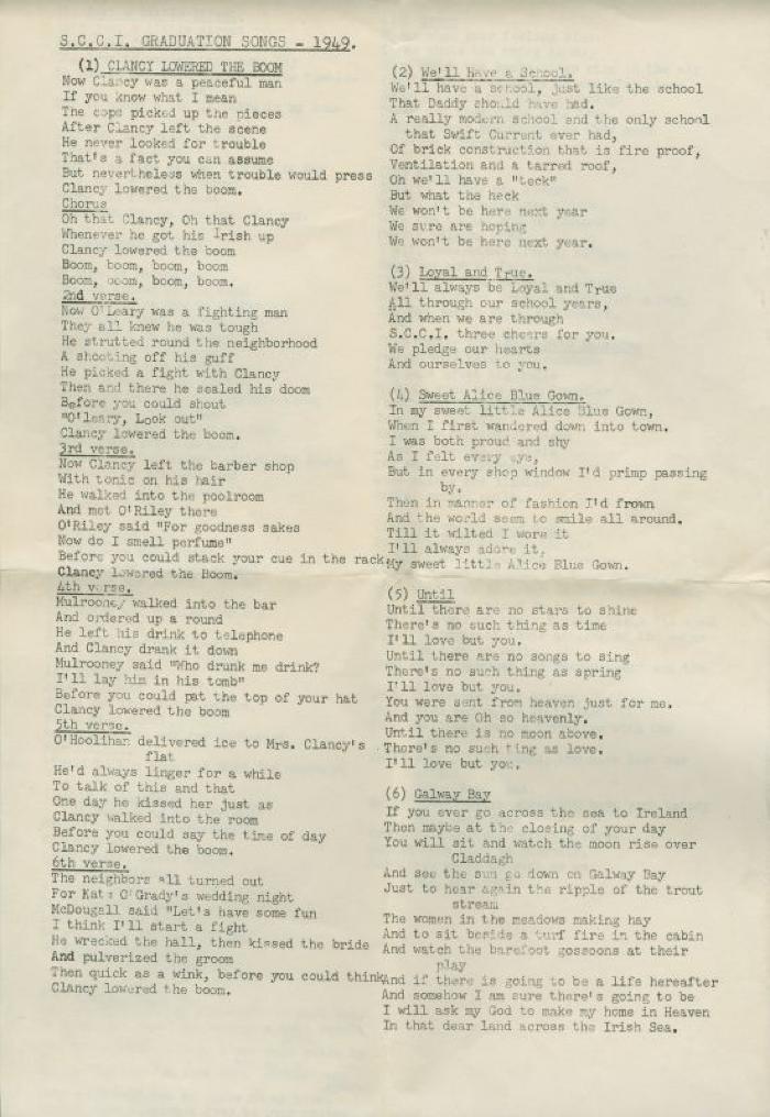 Swift Current Collegiate Institute Graduation Song Sheet (1949);Swift Current Collegiate Institute Graduation Song Sheet (1949)