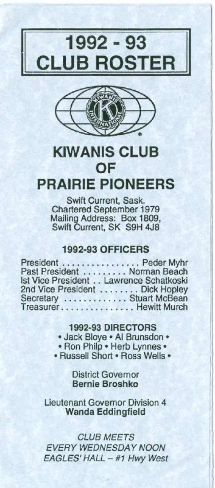 Kiwanis Club of Prairie Pioneers Roster (1992-1993);Kiwanis Club of Prairie Pioneers Roster (1992-1993)