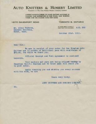 Auto Knitter Machine Order Letter (1935-10-22);Auto Knitter Machine Order Letter (1935-10-22)