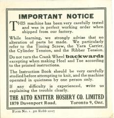 Important Notice For Auto Knitter;Important Notice For Auto Knitter