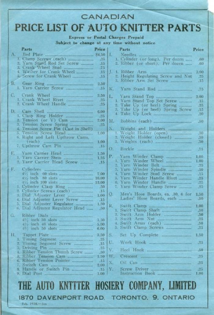 Canadian Price List of Auto Knitter Parts (1928-02);Canadian Price List of Auto Knitter Parts (1928-02)