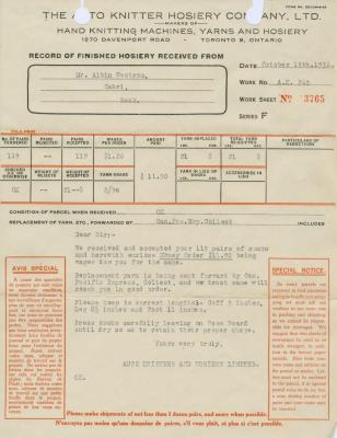 Auto Knitter Record of Finished Hosiery Received (1936-10-15);Auto Knitter Record of Finished Hosiery Received (1936-10-15)