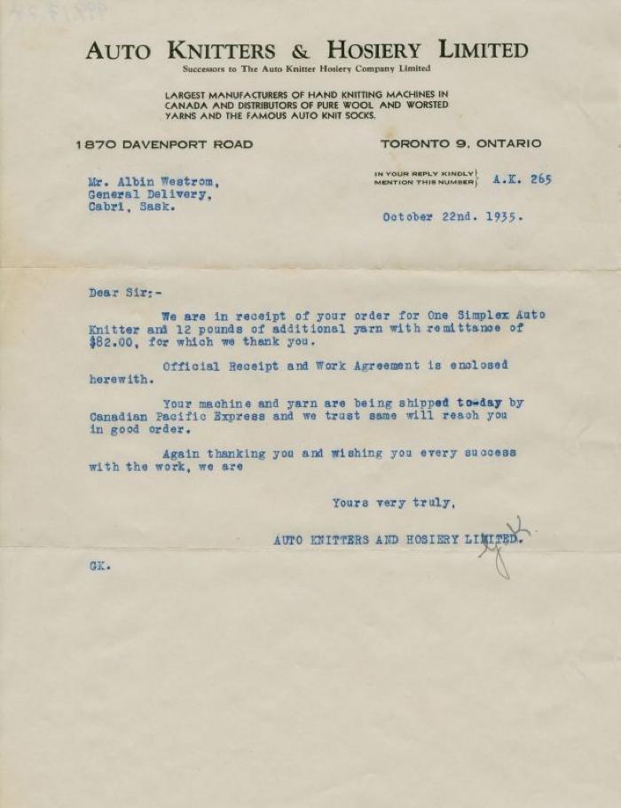 Auto Knitter Machine Order Letter (1935-10-22);Auto Knitter Machine Order Letter (1935-10-22)