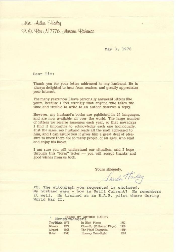 Correspondence from Arthur Hailey (1976-05-03);Correspondence from Arthur Hailey (1976-05-03);Letter From Mrs. Arthur Haily To Tim (Fan) Sent Via Air Mail Dear Tim Leier