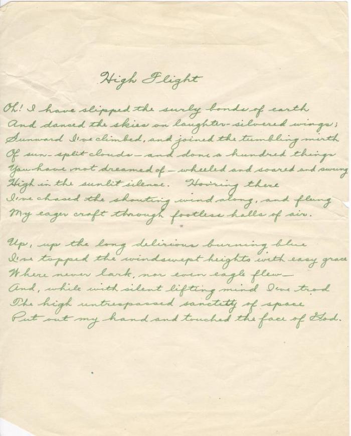 'High Flight' by Sergeant G.V. Perras;'High Flight' by Sergeant G.V. Perras;Poem, "High Flight" High Flight - Sgt. G.V. Paras, R.C.A.F.