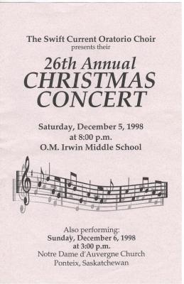 Swift Current Oratorio Choir 26th Annual Christmas Concert Program (1998-12-05);Swift Current Oratorio Choir 26th Annual Christmas Concert Program (1998-12-05);Swift Current Oratorio Choir Program The Swift Current Oratorio Choir Presents Their 27Th Annual Christmas Concert