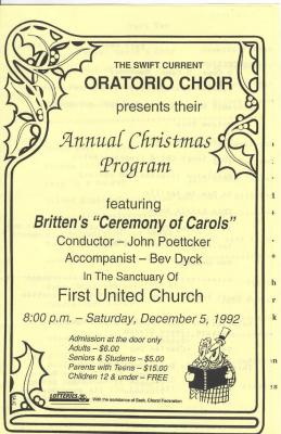 Swift Current Bible Institute Oratorio Choir Christmas Concert Program (1992-12-05);Swift Current Bible Institute Oratorio Choir Christmas Concert Program (1992-12-05);Swift Current Oratorio Choir Program The Swift Current Oratorio Choir Presents Their Annual Christmas Program