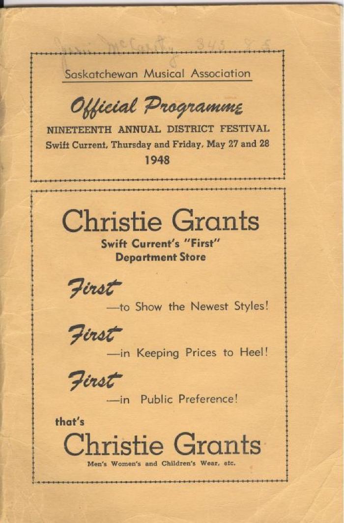 Saskatchewan Musical Association 19th Annual Festival Program (1948-05-27);Saskatchewan Musical Association 19th Annual Festival Program (1948-05-27);Saskatchewan Musical Association Program Official Programme - Nineteenth Annual District Festival