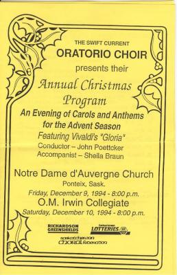 Swift Current Bible Institute Oratorio Choir Christmas Concert Program (1994-12-10);Swift Current Bible Institute Oratorio Choir Christmas Concert Program (1994-12-10);Swift Current Oratorio Choir Program The Swift Current Oratorio Choir Presents Their Annual Christmas Program