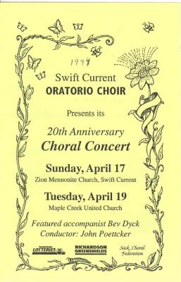 Swift Current Bible Institute Oratorio Choir Choral Concert Poster (1994-04-17);Swift Current Bible Institute Oratorio Choir Choral Concert Poster (1994-04-17);Swift Current Oratorio Choir Program Swift Current Oratorio Choir Presents Its 20Th Anniversary Choral Concert