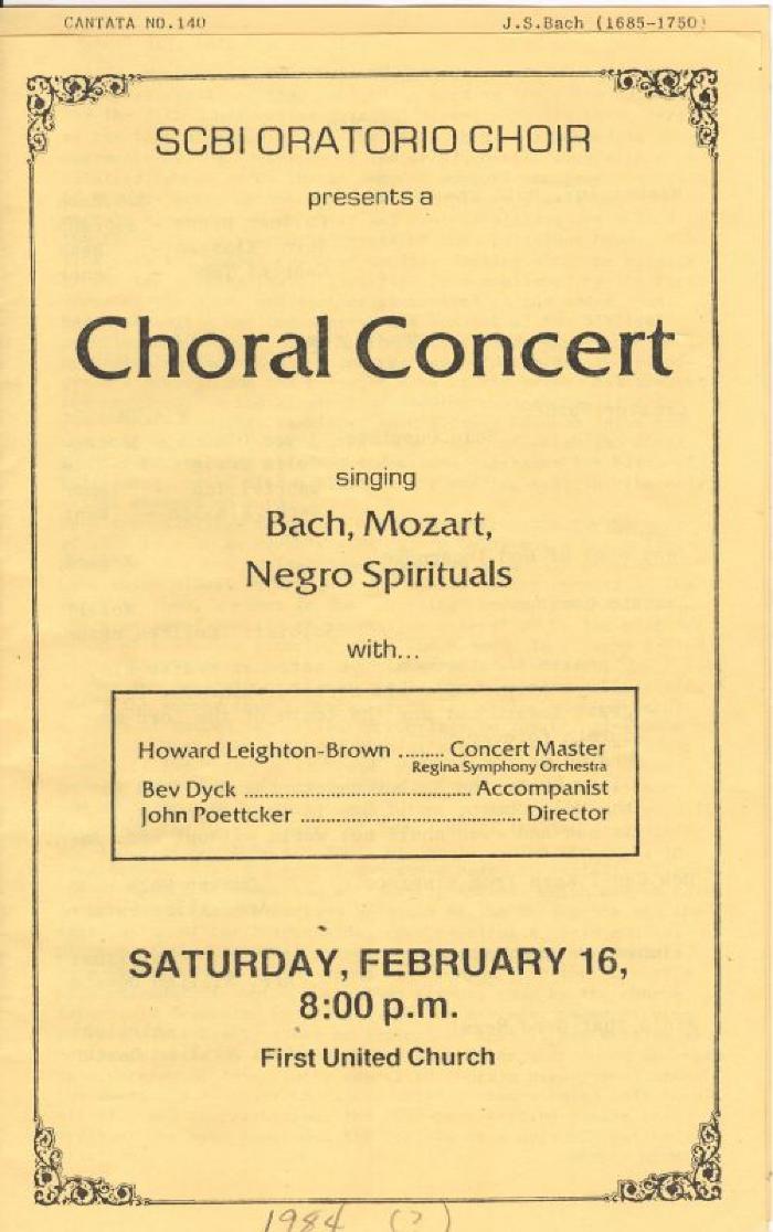 Swift Current Bible Institute Oratorio Choir Choral Concert Program;Swift Current Bible Institute Oratorio Choir Choral Concert Program;Swift Current Bible Institute Oratorio Choir Choral Concert Program (1984(?)-02-16);Swift Current Bible Institute Oratorio Choir Choral Concert Program;Swift Current Bible Institute Oratorio Choir Choral Concert Program