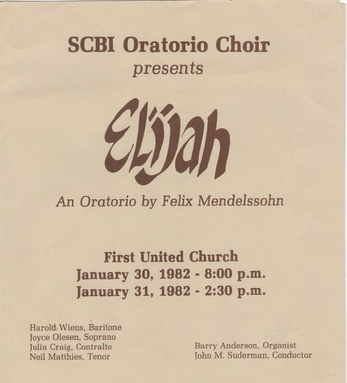 Swift Current Bible Institute Oratorio Choir 'Elijah' Concert Program (1982-01-30);Swift Current Bible Institute Oratorio Choir 'Elijah' Concert Program (1982-01-30)