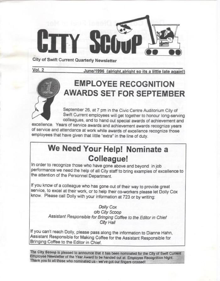 City Scoop Newsletter City Scoop - City Of Swift Current Quarterly Staff Newsletter;City Scoop Newsletter, Vol. 2 (1996-06);Swift Current Newsletter - City Scoop, Vol 2 (1996-06);Swift Current Newsletter - City Scoop, Vol 2 (1996-06)