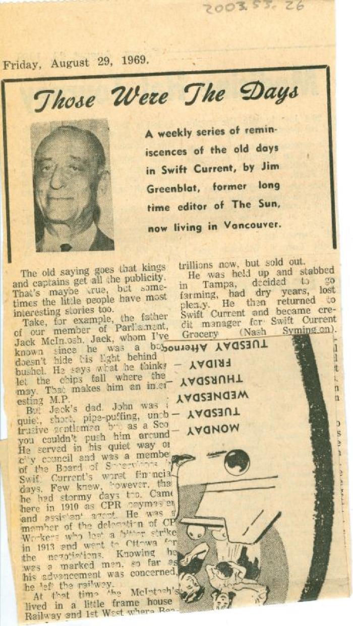 "Those Were The Days" Article Aug. 29/69
 Those Were The Days;Swift Current Sun - Those Were The Days Clipping (1969-08-29);Swift Current Sun - Those Were The Days Clipping (1969-08-29);Swift Current Sun - Those Were The Days Clipping (1969-08-29);Swift Current Sun Clipping (1969-08-29)