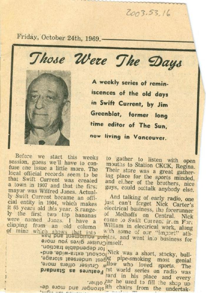 "Those Were The Days" Article Oct. 24/69
 Those Were The Days;Swift Current Sun - Those Were The Days Clipping (1969-10-24);Swift Current Sun - Those Were The Days Clipping (1969-10-24);Swift Current Sun - Those Were The Days Clipping (1969-10-24);Swift Current Sun Clipping (1969-10-24)