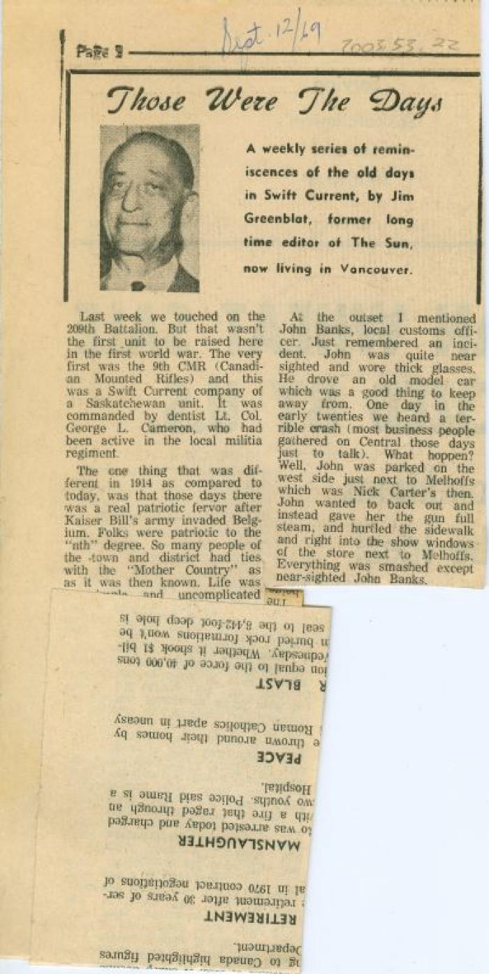 "Those Were The Days" Article Sept.12/69
 Those Were The Days;Swift Current Sun - Those Were The Days Clipping (1969-09-12);Swift Current Sun - Those Were The Days Clipping (1969-09-12);Swift Current Sun - Those Were The Days Clipping (1969-09-12);Swift Current Sun Clipping (1969-09-12)