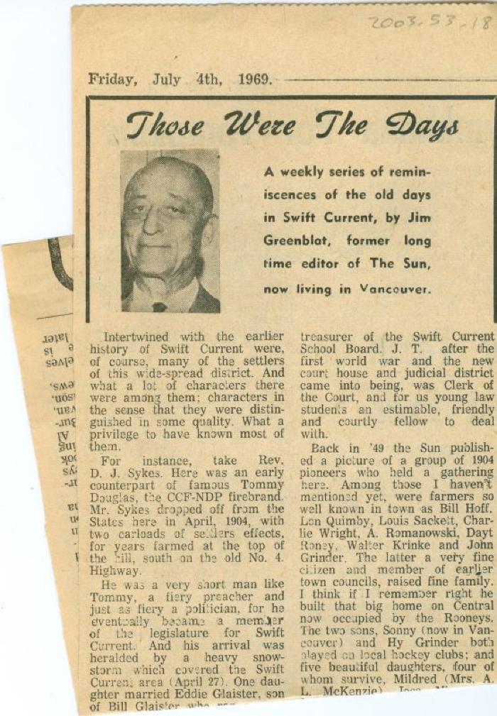 "Those Were The Days" Article Jul. 4/69
 Those Were The Days;Swift Current Sun - Those Were The Days Clipping (1969-07-04);Swift Current Sun - Those Were The Days Clipping (1969-07-04);Swift Current Sun - Those Were The Days Clipping (1969-07-04);Swift Current Sun Clipping (1969-07-04)