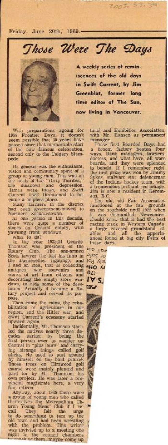 "Those Were The Days" Article Jun. 20/69
 Those Were The Days;Swift Current Sun - Those Were The Days Clipping (1969-06-20);Swift Current Sun - Those Were The Days Clipping (1969-06-20);Swift Current Sun - Those Were The Days Clipping (1969-06-20);Swift Current Sun Clipping (1969-06-20)