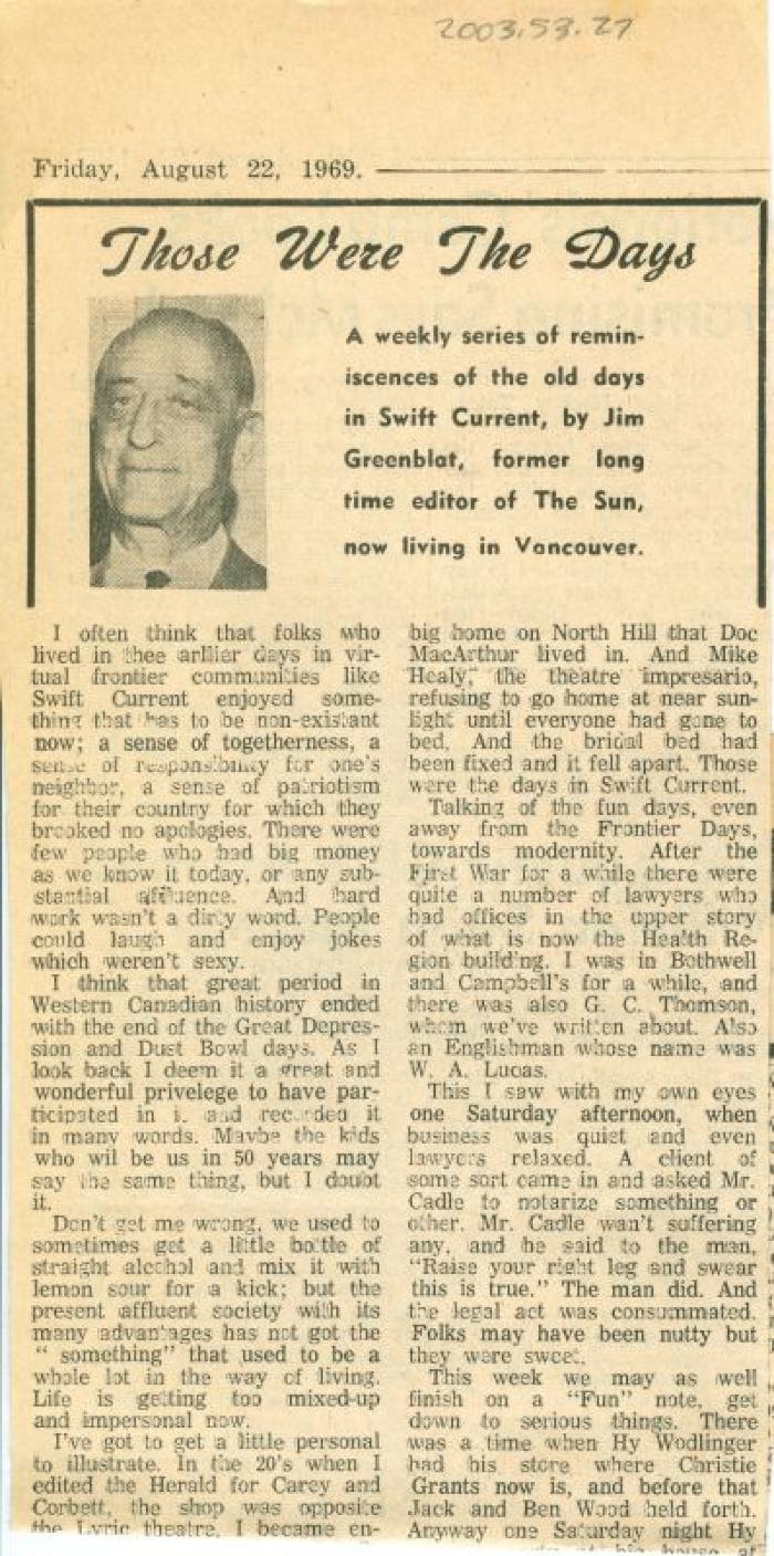 "Those Were The Days" Article Aug. 22/69
 Those Were The Days;Swift Current Sun - Those Were The Days Clipping (1969-08-22);Swift Current Sun - Those Were The Days Clipping (1969-08-22);Swift Current Sun - Those Were The Days Clipping (1969-08-22);Swift Current Sun Clipping (1969-08-22)