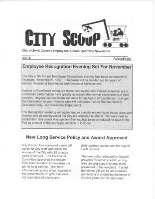 City Scoop Newsletter City Scoop - City Of Swift Current Staff Almos Quarterly Staff Newsletter;City Scoop Newsletter, Vol. 4 (1997-08);Swift Current Newsletter - City Scoop, Vol 4 (1997-08);Swift Current Newsletter - City Scoop, Vol 4 (1997-08)