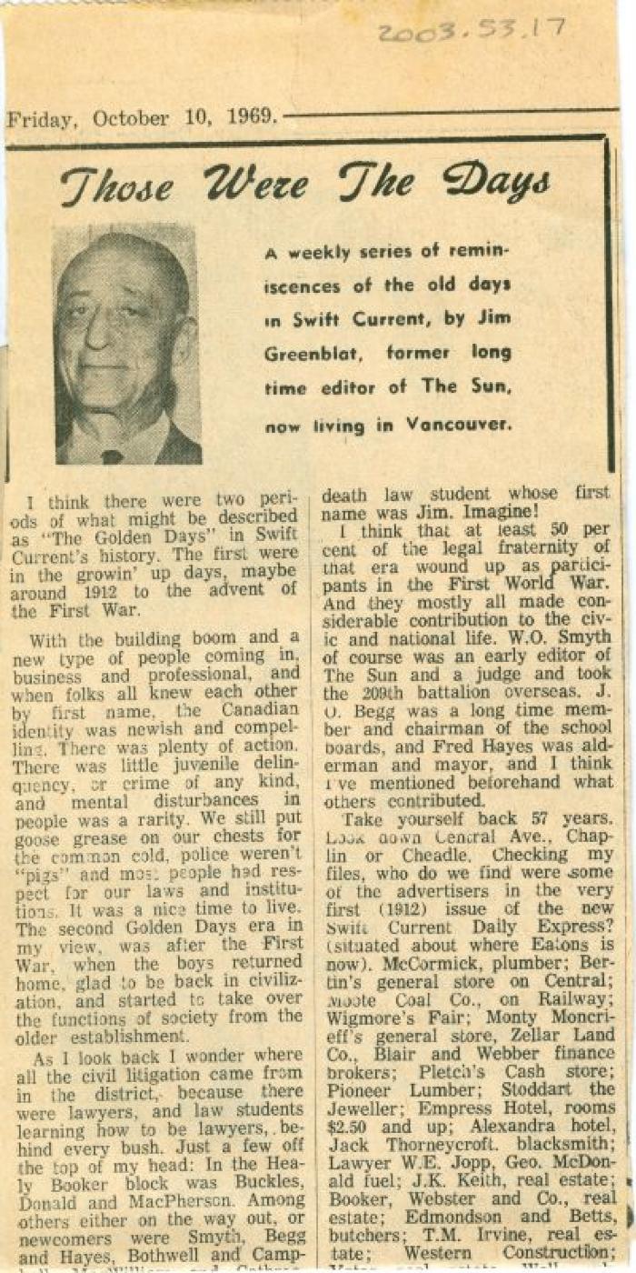 "Those Were The Days" Article Oct. 10/69
 Those Were The Days;Swift Current Sun - Those Were The Days Clipping (1969-10-10);Swift Current Sun - Those Were The Days Clipping (1969-10-10);Swift Current Sun - Those Were The Days Clipping (1969-10-10);Swift Current Sun Clipping (1969-10-10)