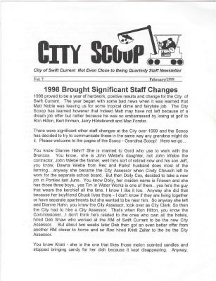 City Scoop Newsletter City Scoop - City Of Swift Current Not Even Close To Being Quarterly Staff Newsletter;City Scoop Swift Current Newsletter, Vol 7 (1999-02);City Scoop Swift Current Newsletter, Vol 7 (1999-02)