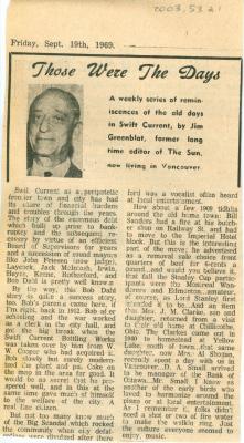 "Those Were The Days" Article Sept.19/69
 Those Were The Days;Swift Current Sun - Those Were The Days Clipping (1969-09-19);Swift Current Sun - Those Were The Days Clipping (1969-09-19);Swift Current Sun - Those Were The Days Clipping (1969-09-19);Swift Current Sun Clipping (1969-09-19)