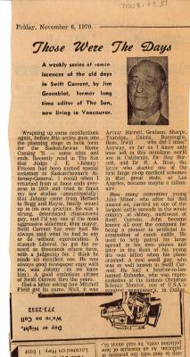 "Those Were The Days" Article Nov. 6/70 Those Were The Days;Swift Current Sun - Those Were The Days Clipping (1970-11-06);Swift Current Sun - Those Were The Days Clipping (1970-11-06);Swift Current Sun - Those Were The Days Clipping (1970-11-06);Swift Current Sun Clipping (1970-11-06)