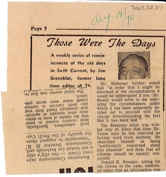 "Those Were The Days" Article Aug. 14/70 Those Were The Days;Swift Current Sun - Those Were The Days Clipping (1970-08-14);Swift Current Sun - Those Were The Days Clipping (1970-08-14);Swift Current Sun - Those Were The Days Clipping (1970-08-14);Swift Current Sun Clipping (1970-08-14)