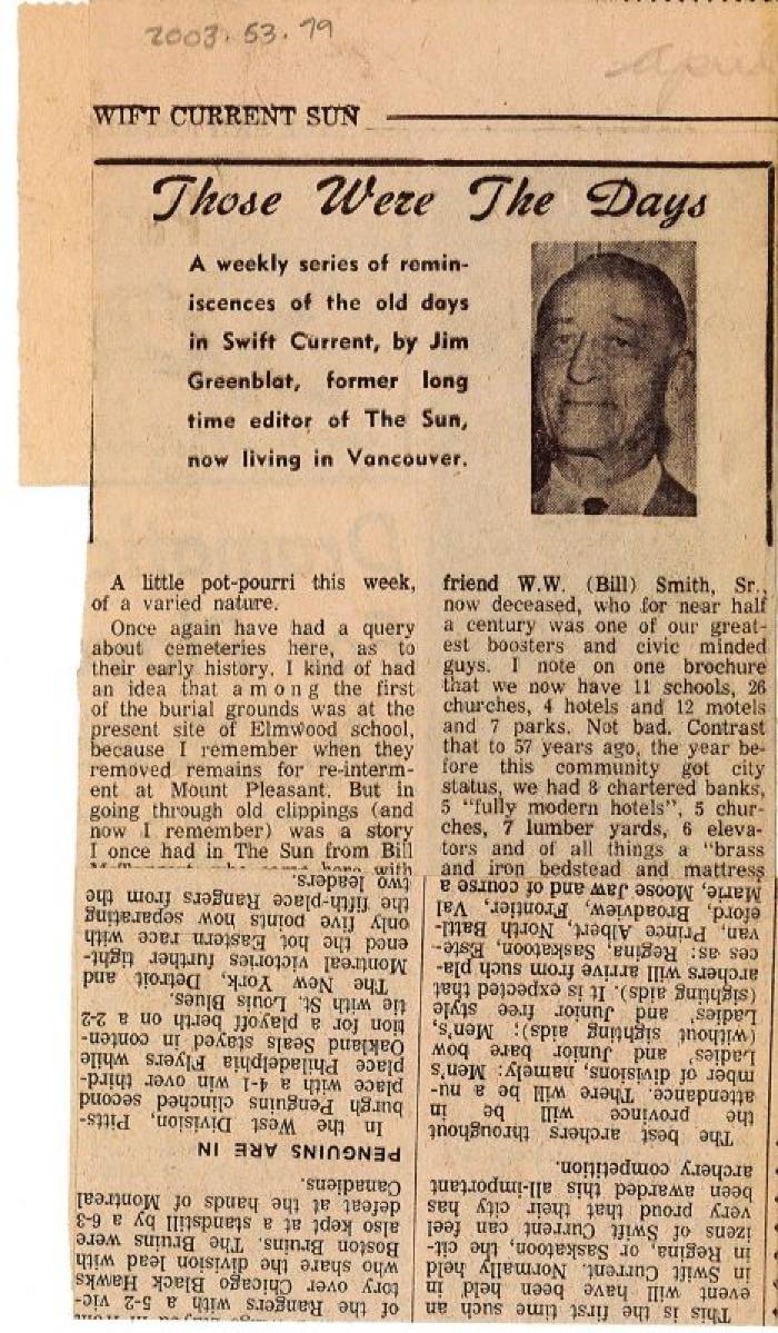 "Those Were The Days" Article Apr. 3/70 Those Were The Days;Swift Current Sun - Those Were The Days Clipping (1970-04-03);Swift Current Sun - Those Were The Days Clipping (1970-04-03);Swift Current Sun - Those Were The Days Clipping (1970-04-03);Swift Current Sun Clipping (1970-04-03)