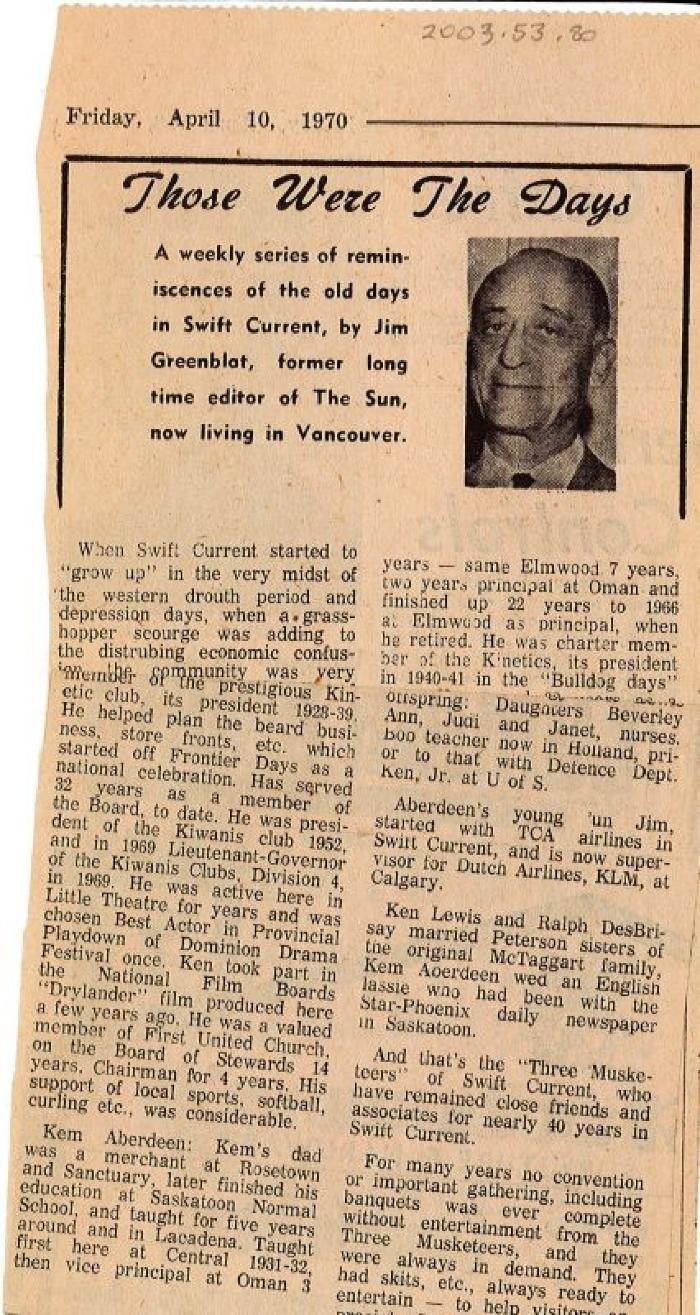 "Those Were The Days" Article Apr. 10/70 Those Were The Days;Swift Current Sun - Those Were The Days Clipping (1970-04-10);Swift Current Sun - Those Were The Days Clipping (1970-04-10);Swift Current Sun - Those Were The Days Clipping (1970-04-10);Swift Current Sun Clipping (1970-04-10)