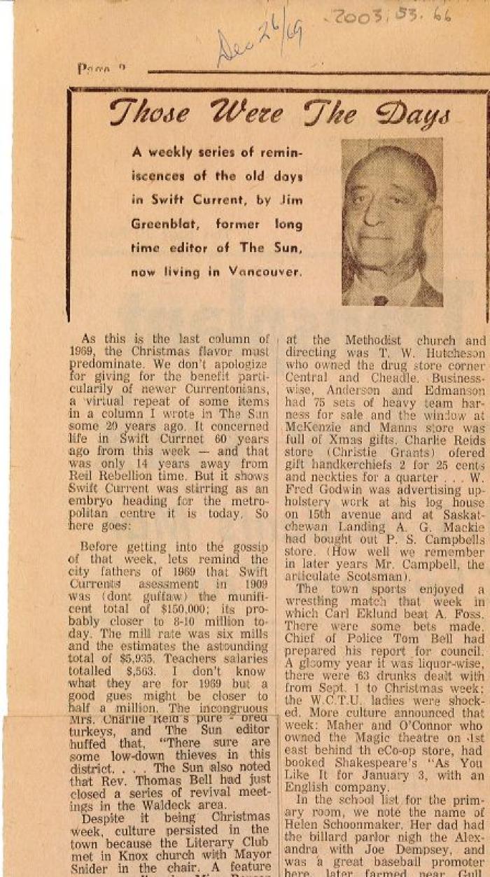 "Those Were The Days" Article Dec. 26/69 Those Were The Days;Swift Current Sun - Those Were The Days Clipping (1969-12-26);Swift Current Sun - Those Were The Days Clipping (1969-12-26);Swift Current Sun - Those Were The Days Clipping (1969-12-26);Swift Current Sun Clipping (1969-12-26)