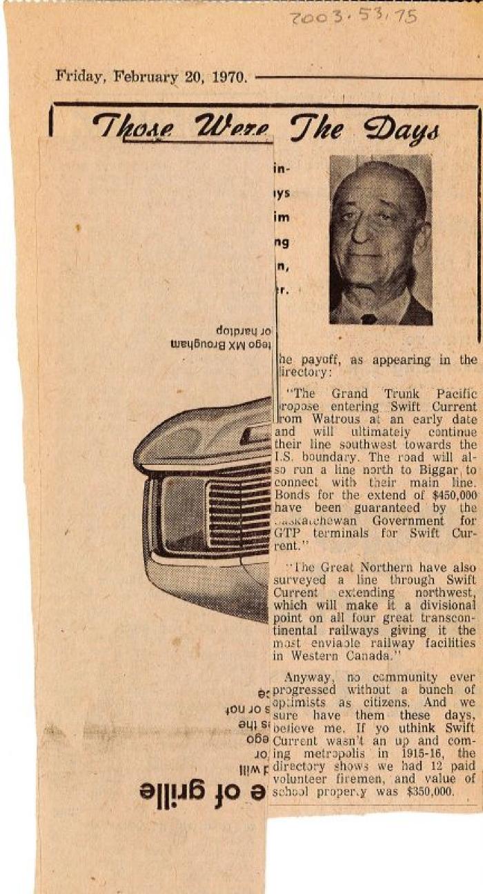 "Those Were The Days" Article Feb. 20/70 Those Were The Days;Swift Current Sun - Those Were The Days Clipping (1970-02-20);Swift Current Sun - Those Were The Days Clipping (1970-02-20);Swift Current Sun - Those Were The Days Clipping (1970-02-20);Swift Current Sun Clipping (1970-02-20)