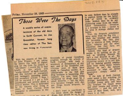 "Those Were The Days" Article Nov. 28/69
 Those Were The Days;Swift Current Sun - Those Were The Days Clipping (1969-11-28);Swift Current Sun - Those Were The Days Clipping (1969-11-28);Swift Current Sun - Those Were The Days Clipping (1969-11-28);Swift Current Sun Clipping (1969-11-28)