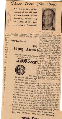 "Those Were The Days" Article Mar. 20/70 Those Were The Days;Swift Current Sun - Those Were The Days Clipping (1970-03-20);Swift Current Sun - Those Were The Days Clipping (1970-03-20);Swift Current Sun - Those Were The Days Clipping (1970-03-20);Swift Current Sun Clipping (1970-03-20)