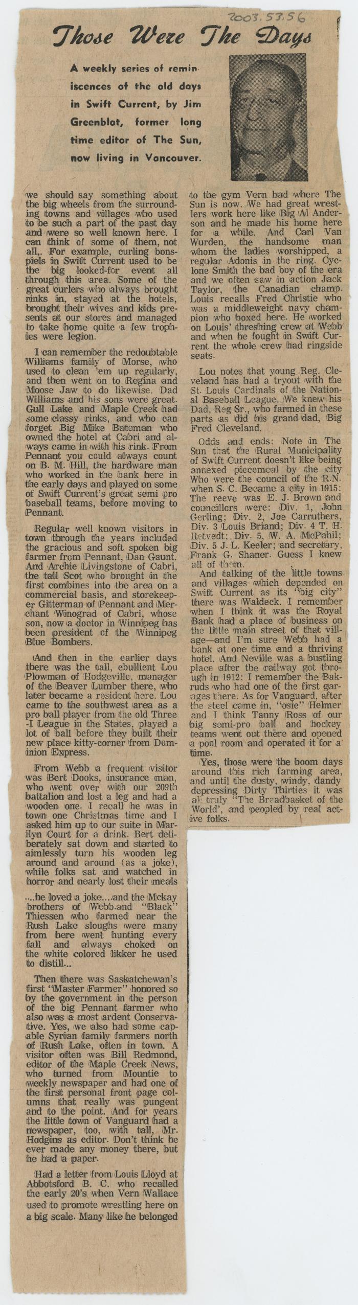 "Those Were The Days" Article Date Unknown Those Were The Days;Swift Current Sun - Those Were The Days Clipping;Swift Current Sun - Those Were The Days Clipping;Swift Current Sun Clipping;Swift Current Sun Clipping