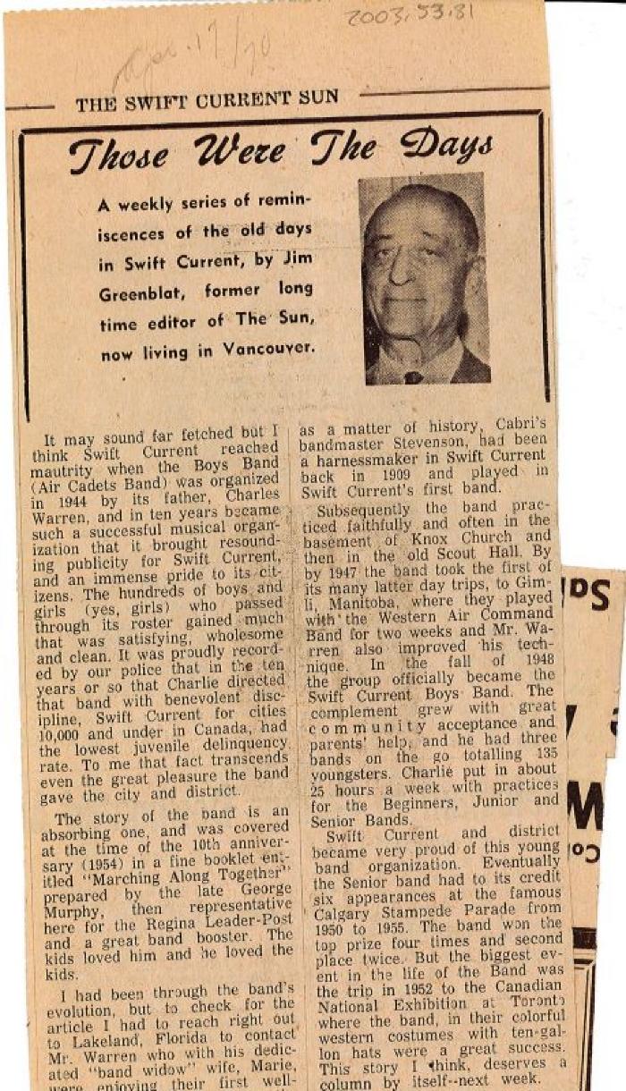 "Those Were The Days" Article Apr. 17/70 Those Were The Days;Swift Current Sun - Those Were The Days Clipping (1970-04-17);Swift Current Sun - Those Were The Days Clipping (1970-04-17);Swift Current Sun - Those Were The Days Clipping (1970-04-17);Swift Current Sun Clipping (1970-04-17)