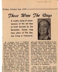 "Those Were The Days" Article Oct. 2/70 Those Were The Days;Swift Current Sun - Those Were The Days Clipping (1970-10-02);Swift Current Sun - Those Were The Days Clipping (1970-10-02);Swift Current Sun - Those Were The Days Clipping (1970-10-02);Swift Current Sun Clipping (1970-10-02)