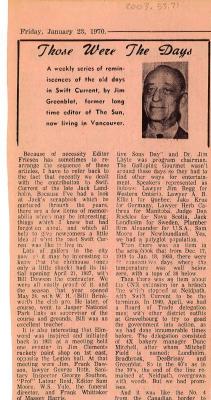 "Those Were The Days" Article Jan. 23/70 Those Were The Days;Swift Current Sun - Those Were The Days Clipping (1970-01-23);Swift Current Sun - Those Were The Days Clipping (1970-01-23);Swift Current Sun Clipping (1970-01-23)