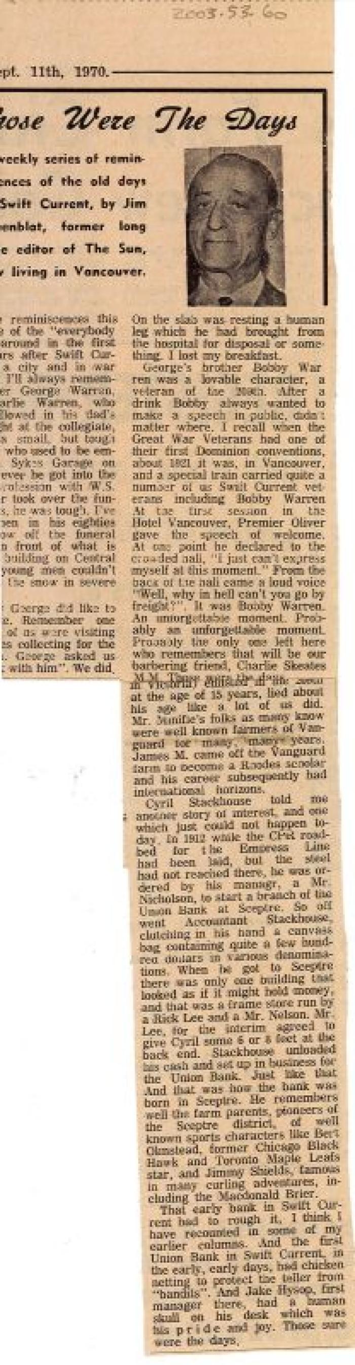 "Those Were The Days" Article Sept.11/70 Those Were The Days;Swift Current Sun - Those Were The Days Clipping (1970-09-11);Swift Current Sun - Those Were The Days Clipping (1970-09-11);Swift Current Sun - Those Were The Days Clipping (1970-09-11);Swift Current Sun Clipping (1970-09-11)