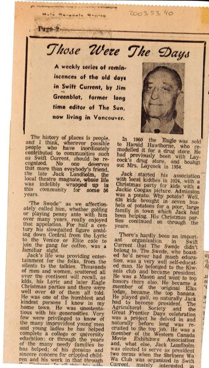 "Those Were The Days" Article Dec. 5/69
 Those Were The Days;Swift Current Sun - Those Were The Days Clipping (1969-12-05);Swift Current Sun - Those Were The Days Clipping (1969-12-05);Swift Current Sun - Those Were The Days Clipping (1969-12-05);Swift Current Sun Clipping (1969-12-05)