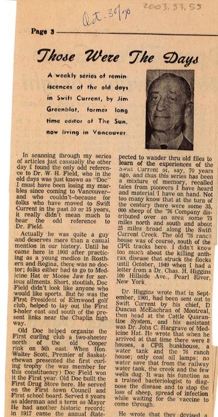 "Those Were The Days" Article Oct. 30/70 Those Were The Days;Swift Current Sun - Those Were The Days Clipping (1970-10-30);Swift Current Sun - Those Were The Days Clipping (1970-10-30);Swift Current Sun - Those Were The Days Clipping (1970-10-30);Swift Current Sun Clipping (1970-10-30)