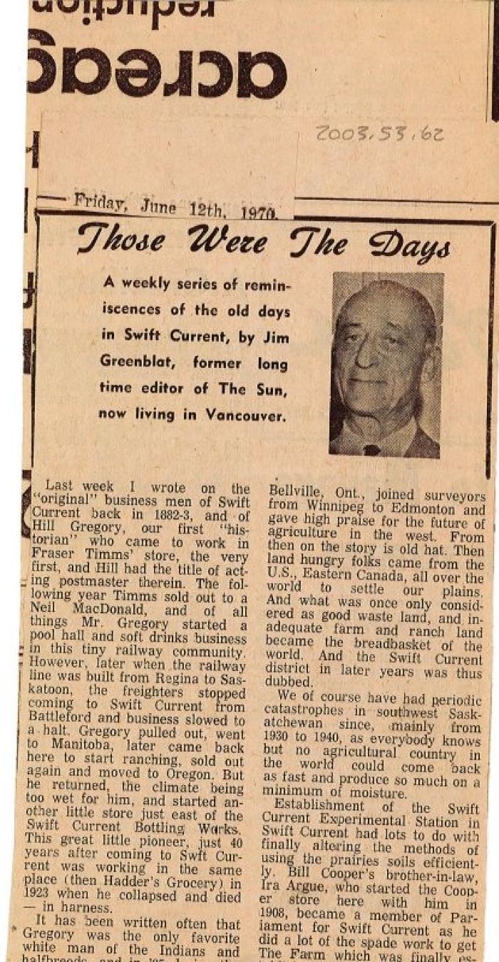 "Those Were The Days" Article Jun. 12/70 Those Were The Days;Swift Current Sun - Those Were The Days Clipping (1970-06-12);Swift Current Sun - Those Were The Days Clipping (1970-06-12);Swift Current Sun - Those Were The Days Clipping (1970-06-12);Swift Current Sun Clipping (1970-06-12)