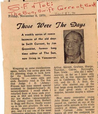 "Those Were The Days" Article Nov. 6/70 Those Were The Days;Swift Current Sun - Those Were The Days Clipping (1970-11-06);Swift Current Sun - Those Were The Days Clipping (1970-11-06);Swift Current Sun - Those Were The Days Clipping (1970-11-06);Swift Current Sun Clipping (1970-11-06)