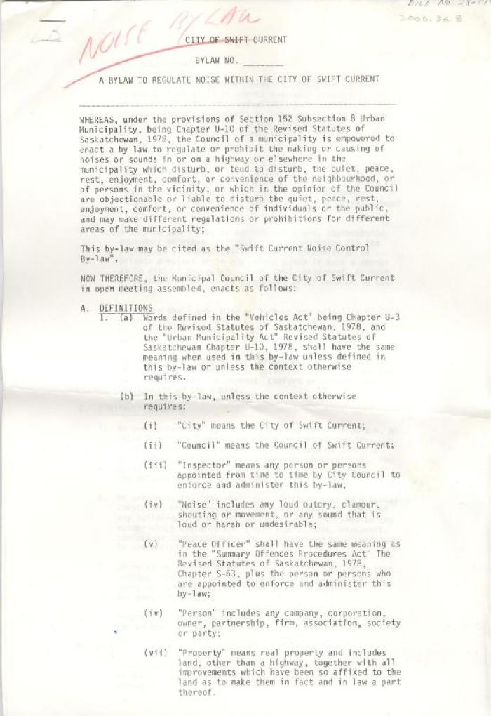 City of Swift Current Noise Bylaw (1981);City of Swift Current Noise Bylaw (1981);Copy Of Bylaw To Regulate Noise A Bylaw To Regulate Noise Within The City Of Swift Current